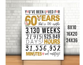 Gold Floral 60th Birthday Sign, You Have Been Loved For 60 Years Sign, PRINTABLE, Cheers to 60 Years, Happy 60th birthday, Printable 60th