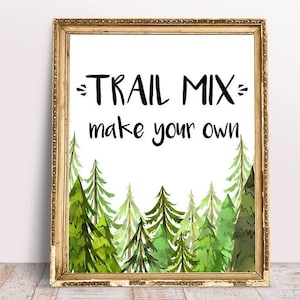 Signo de bar Trail Mix - Signo de baby shower - Signo de boda - Decoración rústica del bosque - Signo de mesa Trail Mix - Decoración de invierno - Decoración de montaña - Árboles