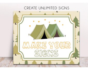 Bewerkbaar bord campingfeestje, afdrukbaar, bord campingtent, campingverjaardagsdecoratie, instant bootcamp-feestdecor, campingborden, cadeau