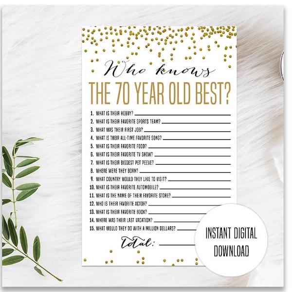 Gold 70th Birthday Game, Printable, 70th Birthday Party Activity, 1953 Party Game, 70th Birthday Trivia, Who Knows the 70 Year Old Best Game
