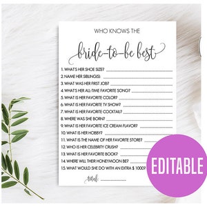 Who knows the Bride-to-Be best Game, Modern Bridal Trivia Shower Game, Minimalist Bridal Shower, Editable Template, Calligraphy Who knows