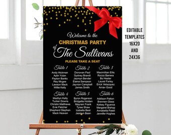 Puede incluir: Plano de asientos para una fiesta de Navidad en negro y dorado con un lazo rojo. El gráfico enumera las mesas y los nombres de los invitados. El texto dice "Bienvenido a la fiesta de Navidad de The Sullivans. Por favor, tome asiento."