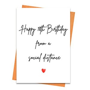 Tarjeta de cumpleaños número 18 divertida, tarjeta de cumpleaños imprimible, tarjeta de felicitación temática, para un amigo, deseándole un feliz cumpleaños desde una distancia social,