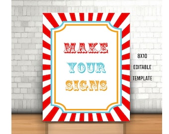 Editable Carnival Party Sign, 8x10, Printable Circus Welcome Sign, Carnival Birthday Template, Custom Circus Party Sign, Red White Stripy