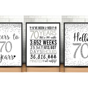 Silver 70th Birthday Decoration, 70th Birthday Signs Bundle, Cheers to 70 Years, Hello 70, 70th Bday Signs Pack, 70th anniversary sign pack