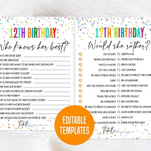 12th Rainbow Birthday Would she rather, Who knows the birthday girl best, Birthday Quiz, Girl Birthday party game, Colorful Birthday Bundle