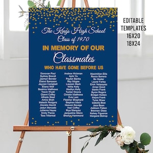 Editable In Memorial Sign for Class Reunion, Reunion memory classmates sign, Gold Reunion decor, High school reunion decor College reunion