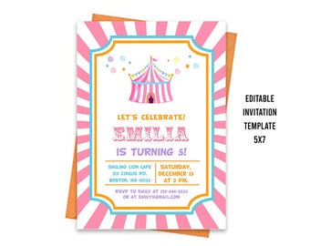 Editable Pink Circus Birthday Party Invitation, Carnival Birthday Party Invitation Template, Printable Circus Birthday Invite, Circus Tent