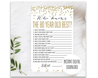 May include: A printable game card with a gold confetti background and the text "Who knows the 80 year old best?" with 15 questions to test your knowledge of the 80 year old.