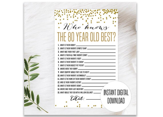 Gold 80th Birthday Game, Printable, 80th Birthday Party Activity, 1943 Party Game, 80th Birthday Trivia, Who Knows the 80 Year Old Best Game