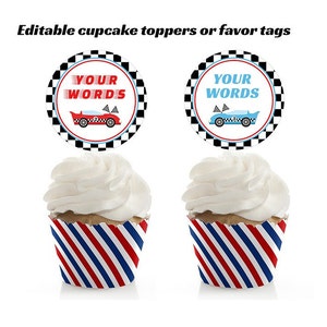 Editable Race Car Birthday Tags, Printable, Racing Car Tent Template, Car Race Birthday toppers, Race Car Favor Tags Party Decor, Red Blue