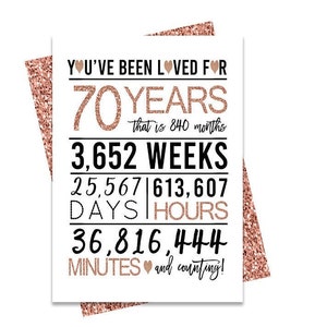 Rose Gold 70th Birthday Card, Printable Birthday Card, 70th Birthday Printables, Greeting card printables, 70e anniversaire, 70e coeur