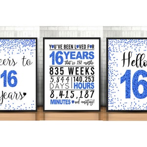 Blue 16th Birthday Signs Bundle, Cheers to 16 Years, Hello 16, Happy 16th Birthday, Blue 16th Birthday Signs, 16th Anniversary Signs Pack