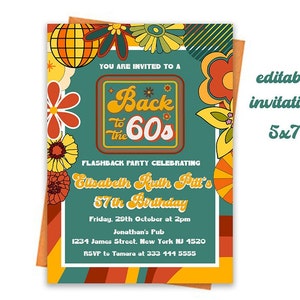 Bewerkbare 60&#39;s thema verjaardagsfeest uitnodiging, retro verjaardagsfeest uitnodiging, afdrukbare jaren 1960 verjaardag uitnodiging, terug naar de jaren 60 uitnodiging