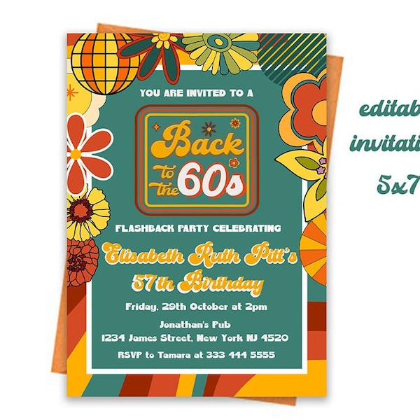 Editable 60's Themed Birthday Party Invitation, Retro Birthday Party Invitation, Printable 1960s Birthday Invite, Back to the 60s Invitation