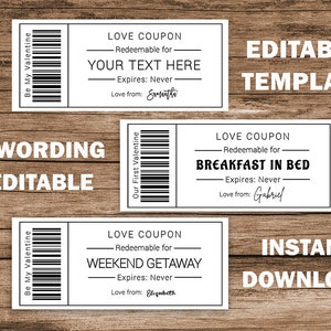Cupón de amor de San Valentín editable, vale de regalo, totalmente personalizable, imprimible, cupones de amor, vale de regalo, certificado de regalo editable
