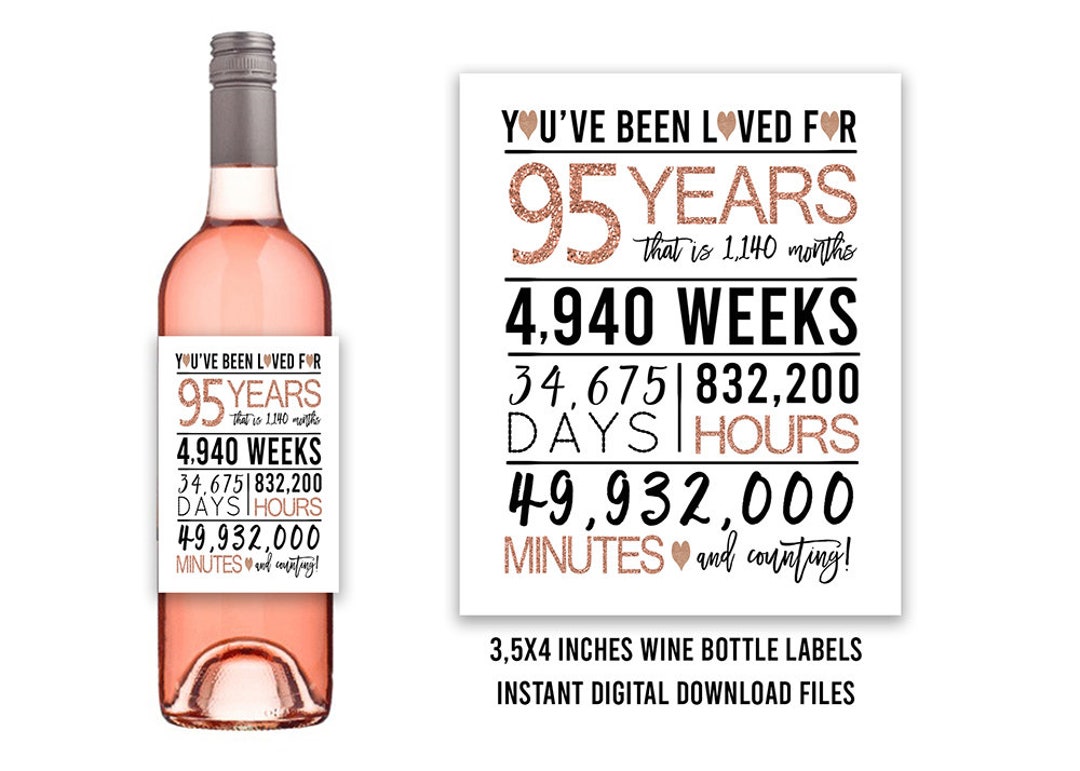 Rose Gold 95th Birthday Wine Bottle Labels, PRINTABLE Wine Bottle ...