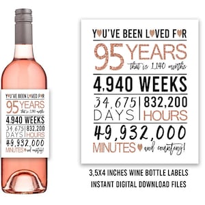 Rose Gold 95th Birthday Wine Bottle Labels, PRINTABLE Wine Bottle Labels, Cheers to 95 Years, Happy 95th birthday, Printable 95th Birthday