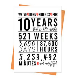 10 Jahre Freundschaft Jahrestag Karte, druckbare Karte, beste Freundin, Grußkarte, rote Karte zum 10.Jubiläum, 10.Herz, Geschenk