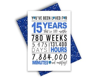 Blue 15th Birthday Card, Printable Birthday Card, 15th Birthday Printables, Greeting card printables, Blue 15th birthday, 15th heart