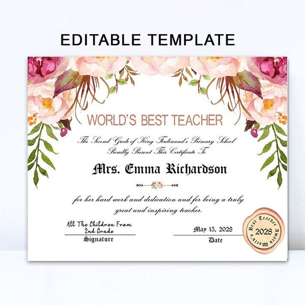 Cadeau d’appréciation de l’enseignant, certificat imprimable du meilleur enseignant du monde, personnalisé, idée cadeau de dernière minute modifiable pour la Journée de l’enseignant