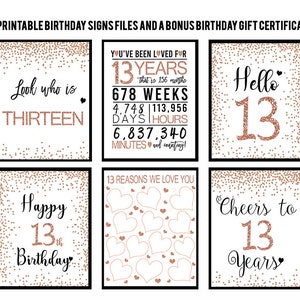 Paquete de signos de cumpleaños número 13, Saludos a 13 años, Hola 13, Feliz cumpleaños número 13, Signos de cumpleaños número 13 de oro rosa, Signos de cumpleaños de niñas número 13