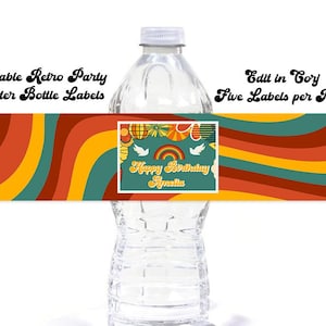 Retro Birthday Party Water Bottle Label, EDITABLE 60s 70s Party Water bottle labels, Digital, CRetro Template, Throwback Editable Tags, Gift