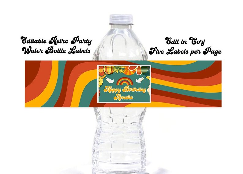 Retro Birthday Party Water Bottle Label, EDITABLE 60s 70s Party Water ...