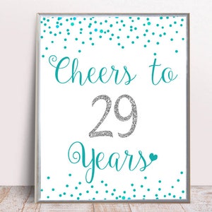 Signo de cumpleaños 29, decoración de fiesta de cumpleaños 29, saludos a 29 años, feliz cumpleaños 29, signo 29 imprimible, signo de cumpleaños 29 de plata