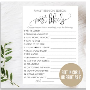 Family Reunion Games, Family Reunion Template, Family Reunion Idea, Editable Games for Reunion, Family Reunion, Editable Family Most Likely