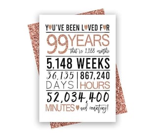 Rose Gold 99th Birthday Card, Printable Birthday Card, 99th Birthday Printables, Greeting card printables, rose 99th birthday, 99th heart