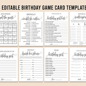 Modern Birthday Games Bundle, 8 Editable Games, Personalize Name Questions, 16th Printable, Modern Calligraphy, Minimalist, Rustic