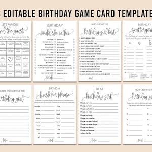 Moderne Geburtstag Spiele Bundle, 8 bearbeitbare Spiele, personalisieren Namen Fragen, 16. druckbar, moderne Kalligraphie, minimalistisch, rustikal