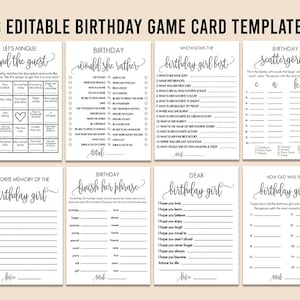 Modern Birthday Games Bundle, 8 Editable Games, Personalize Name Questions, 16th Printable, Modern Calligraphy, Minimalist, Rustic