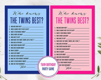 Blue and Pink Twin Birthday Party Game, Who Knows the Twins Best Game, Twin Birthday Party Games , Twins Birthday Game Card, Twins Printable
