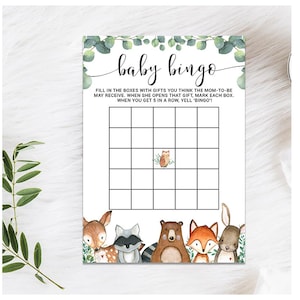 Woodland Baby Shower Bingo Game Gender Neutral Forest Animals, greenery woodland bingo card Deer, Fox, Bear Printable, Printable Woodland