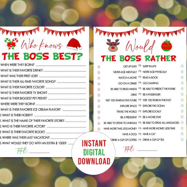 Office Christmas Party Games Bundle, Who Knows The Boss Best, Would the Boss rather, Fun Christmas Work Party Game Coworker, Printable Games