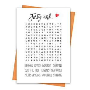 Carte d’anniversaire 40e, carte d’anniversaire imprimable, imprimables du 40e anniversaire, imprimables de cartes de vœux, carte d’anniversaire de recherche de mots, brouillage de mots