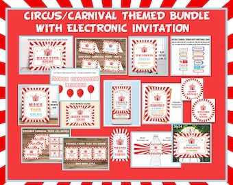 Circus Theme Party Bundle, Electronic and Printable Invitation, Printable Package Set Bundle Pack Kit, Editable Carnival Bundle, Circus Gift