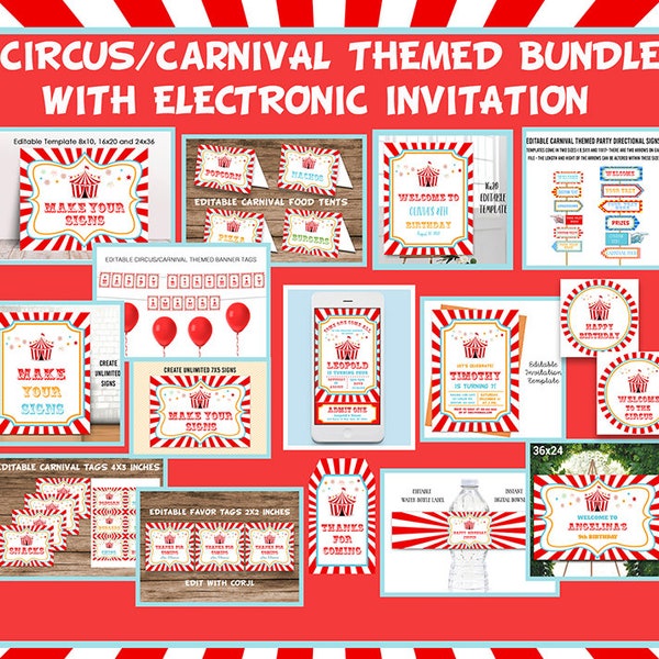 Circus Theme Party Bundle, Electronic and Printable Invitation, Printable Package Set Bundle Pack Kit, Editable Carnival Bundle, Circus Gift