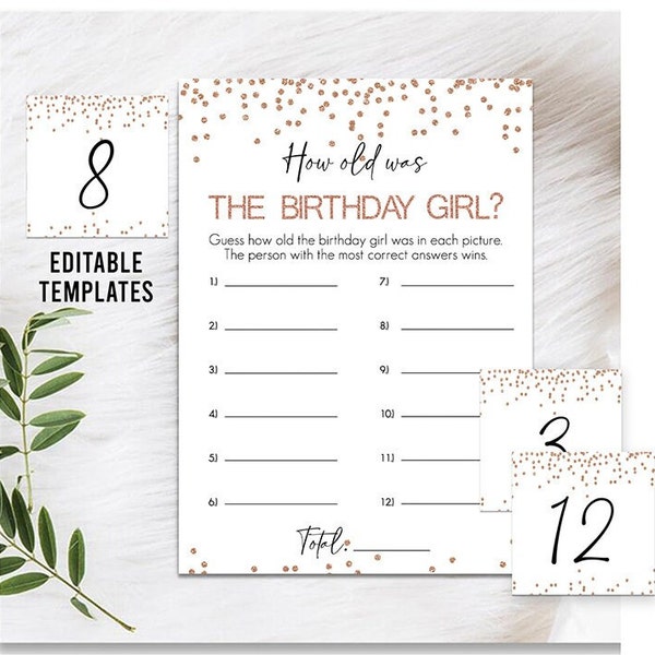 Rose Gold How old was the birthday girl, Editable How old birthday girl game with numbers, Girl Birthday party game, Activity, Rose Birthday