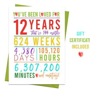 12e verjaardagskaart, afdrukbare verjaardagskaart, printables 12e verjaardag, kleurrijke wenskaart, regenboog 12e verjaardag, 12e cadeaubon