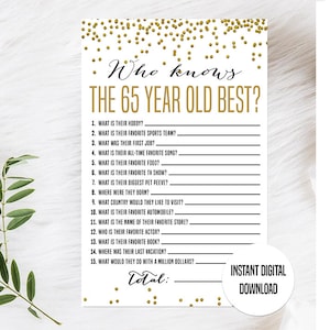 Gold 65. Geburtstag Spiel, druckbar, 65. Geburtstag Party Aktivität, 65. Party Spiel, 65. Geburtstag Quiz, Wer kennt den 65 Jahre alten besten Spiel
