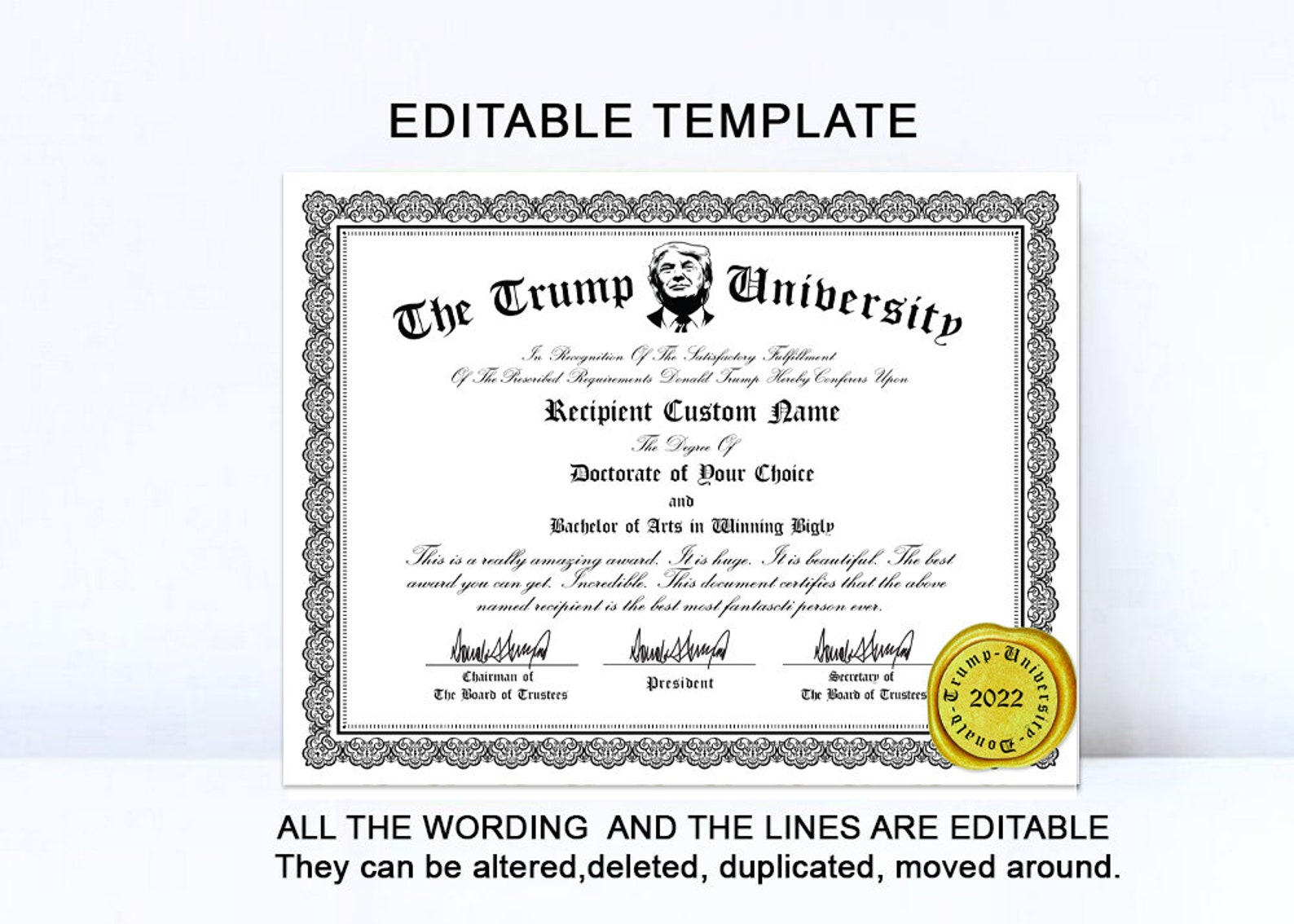 Editable Trump University Diploma Template Gag Gift Trump Etsy