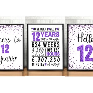 Purple 12th Birthday Signs Bundle, Cheers to 12 Years, Hello 12, Happy 12th Birthday, Printable 12th Birthday Signs, 12th Anniversary Pack