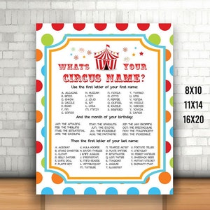Circus Name Sign, Printable, Carnival Names Poster, &#39;What&#39;s your Circus Name?&#39; Decor, Dotty Circus, Carnival Birthday Activity,  gift