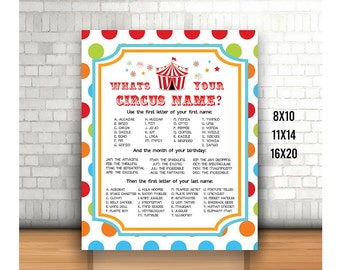 Circus Name Sign, Printable, Carnival Names Poster, 'What's your Circus Name?' Decor, Dotty Circus, Carnival Birthday Activity,  gift