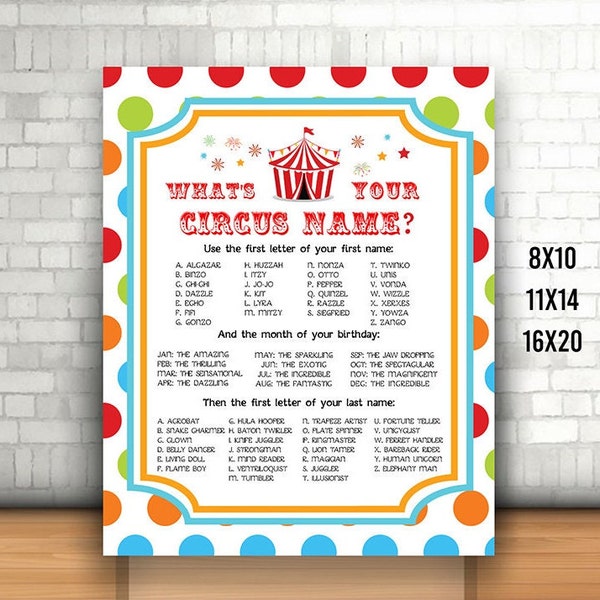 Circus Name Sign, Printable, Carnival Names Poster, 'What's your Circus Name?' Decor, Dotty Circus, Carnival Birthday Activity,  gift