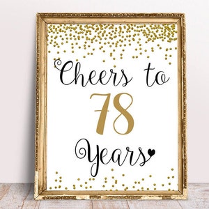 Saludos a 78 años, signo de cumpleaños número 78, signo de aniversario 78, decoración de fiesta de cumpleaños de confeti dorado, decoración de fiesta de oro, imprimible 78