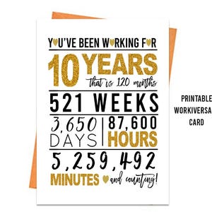 Tarjeta de aniversario de oro por décimo aniversario laboral, tarjeta de aniversario IMPRIMIBLE, tarjeta de décimo aniversario laboral, tarjetas de felicitación imprimibles, tarjeta de aniversario de último minuto